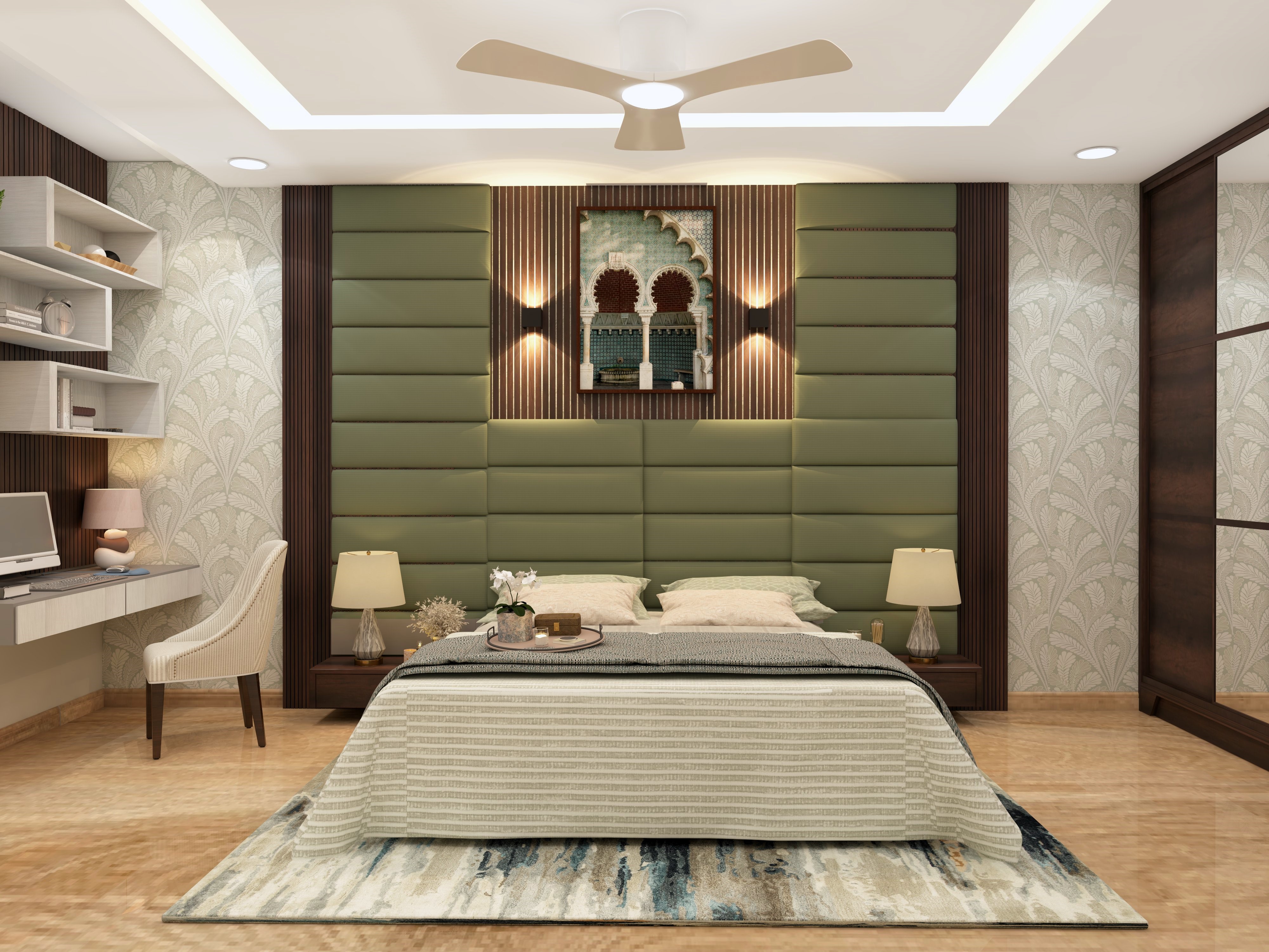 Urban casual style bedroom with olive green upholstered bed panel - Beautiful Homes