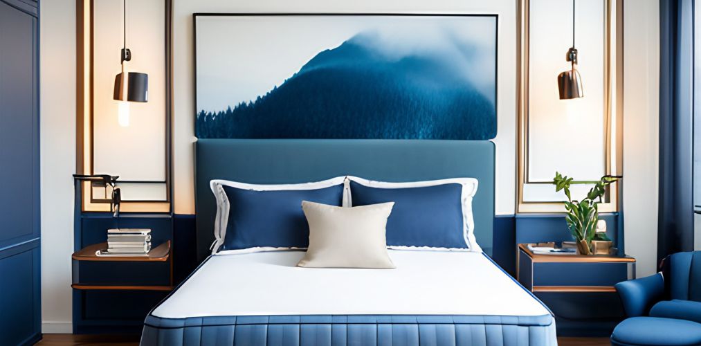 White and blue guest room with fabric headboard-Beautiful Homes