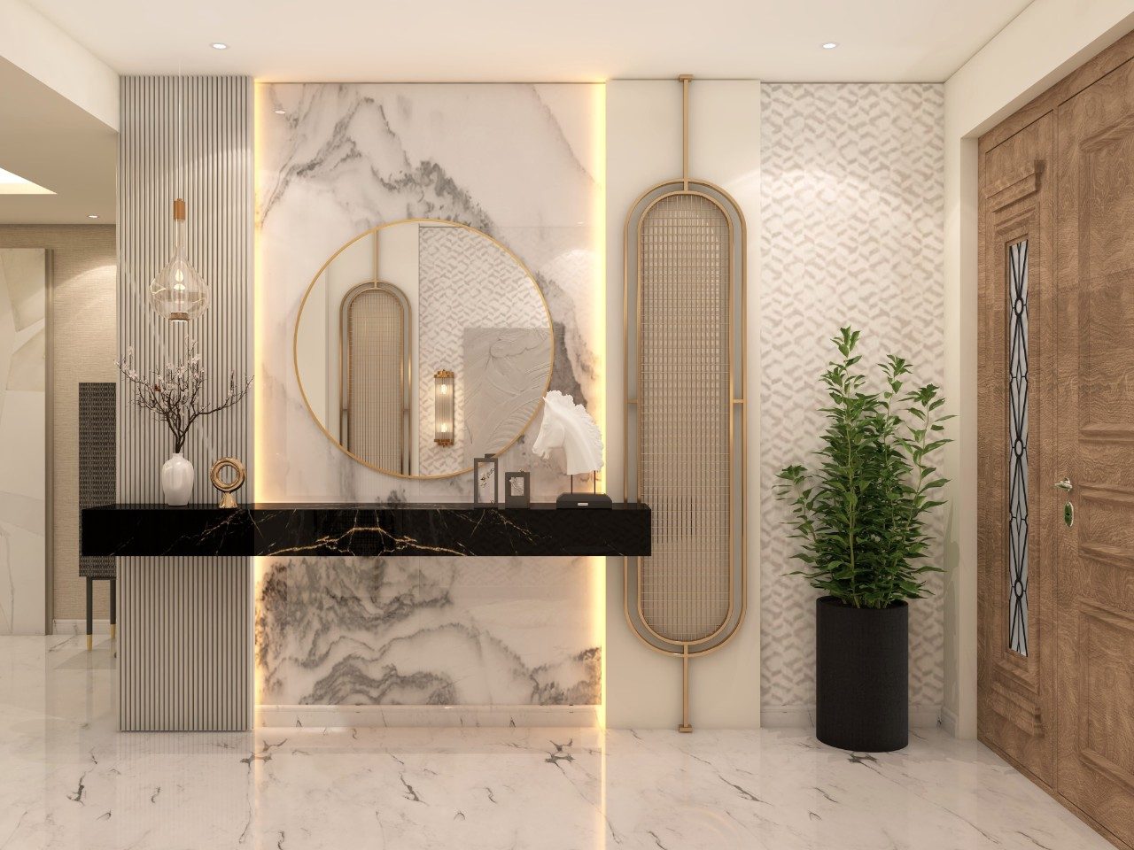 Classic luxury foyer design with white marble panelling and golden accents - Beautiful Homes