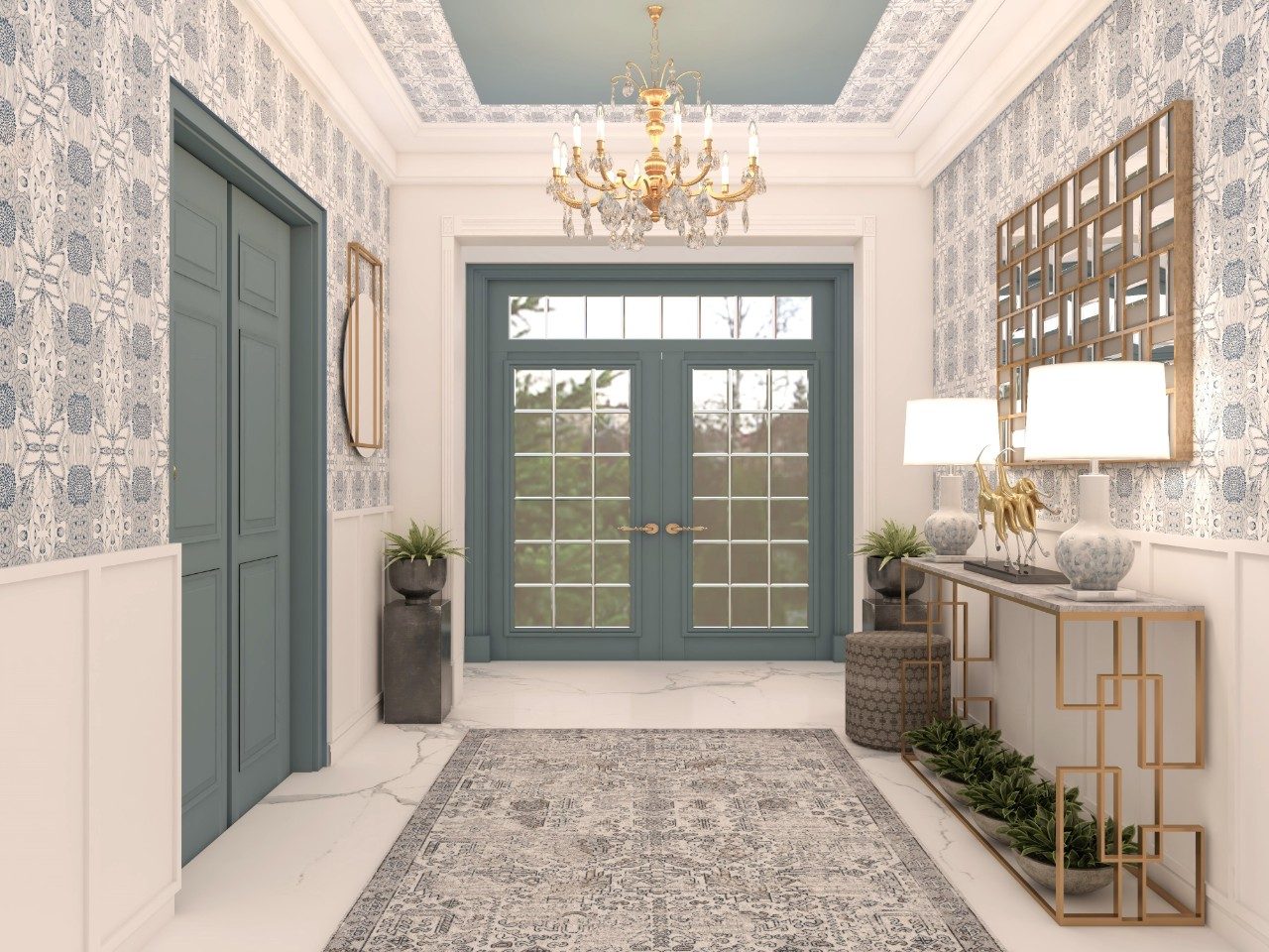 Classic Opulent White and Grey Foyer Area with Nilaya Wallpaper - Beautiful Homes