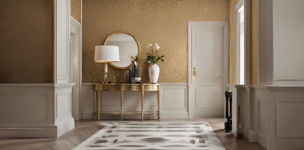 Classical foyer design with gold patterned wallpaper - Beautiful Homes