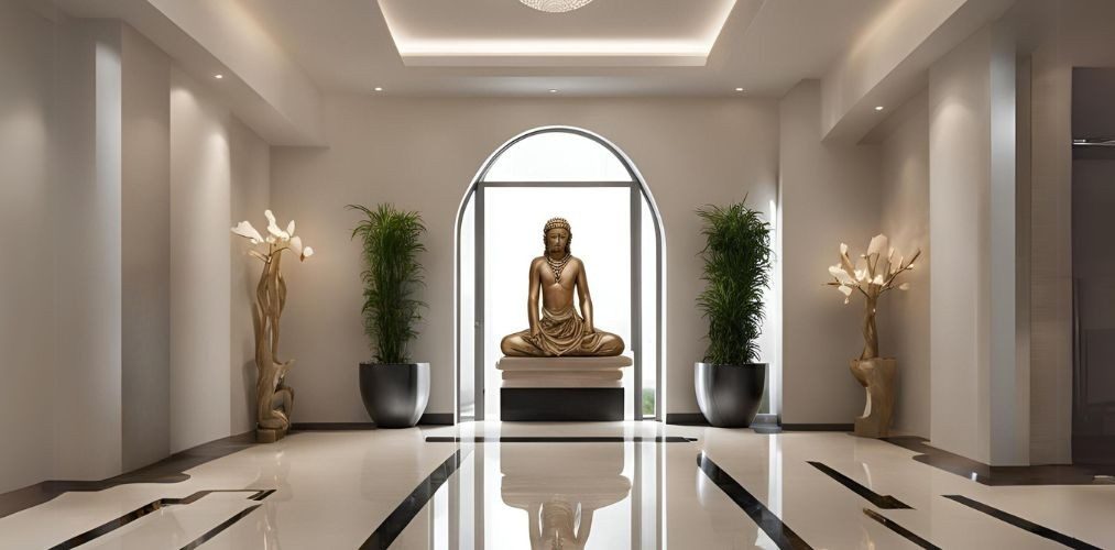 Contemporary entrance foyer design with god statue - Beautiful Homes