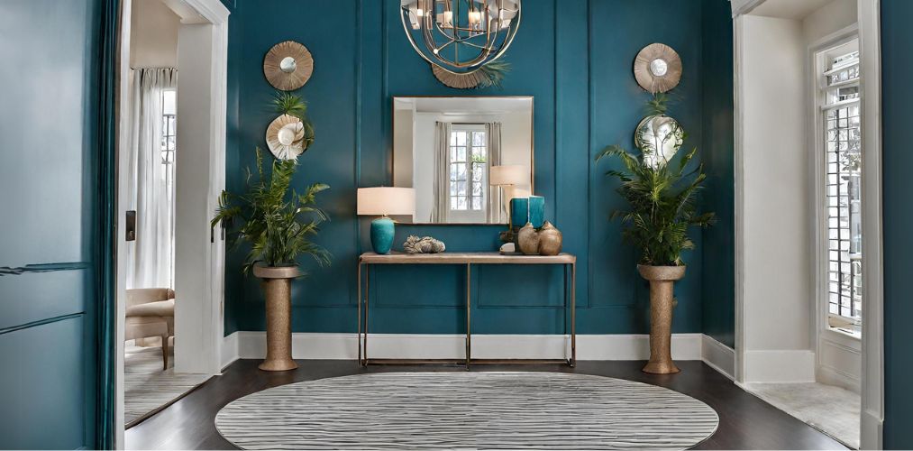 Contemporary foyer wall design with teal blue wall trims - Beautiful Homes