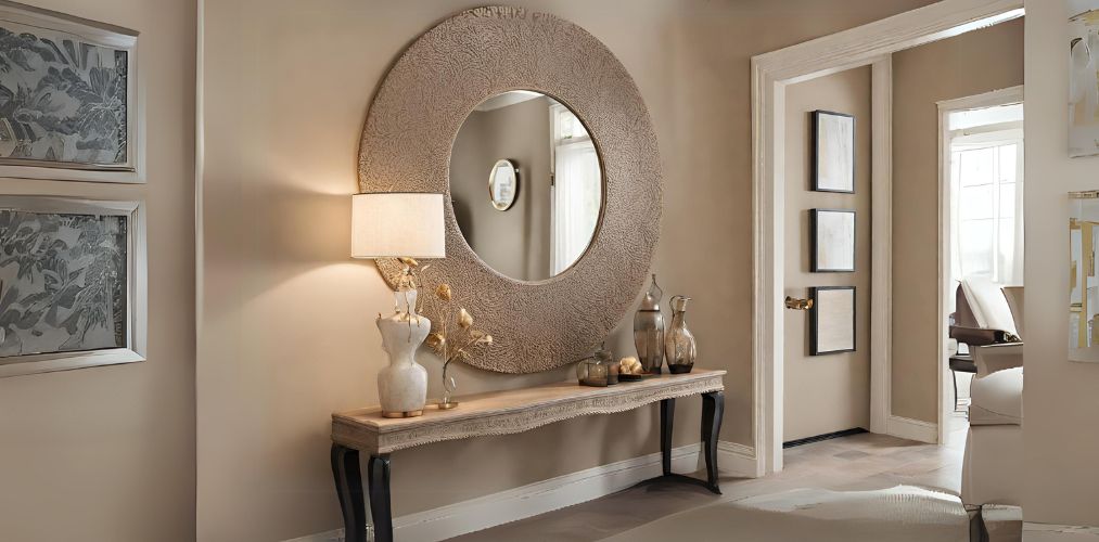 Contemporary foyer with beige walls and decorative mirror - Beautiful Homes