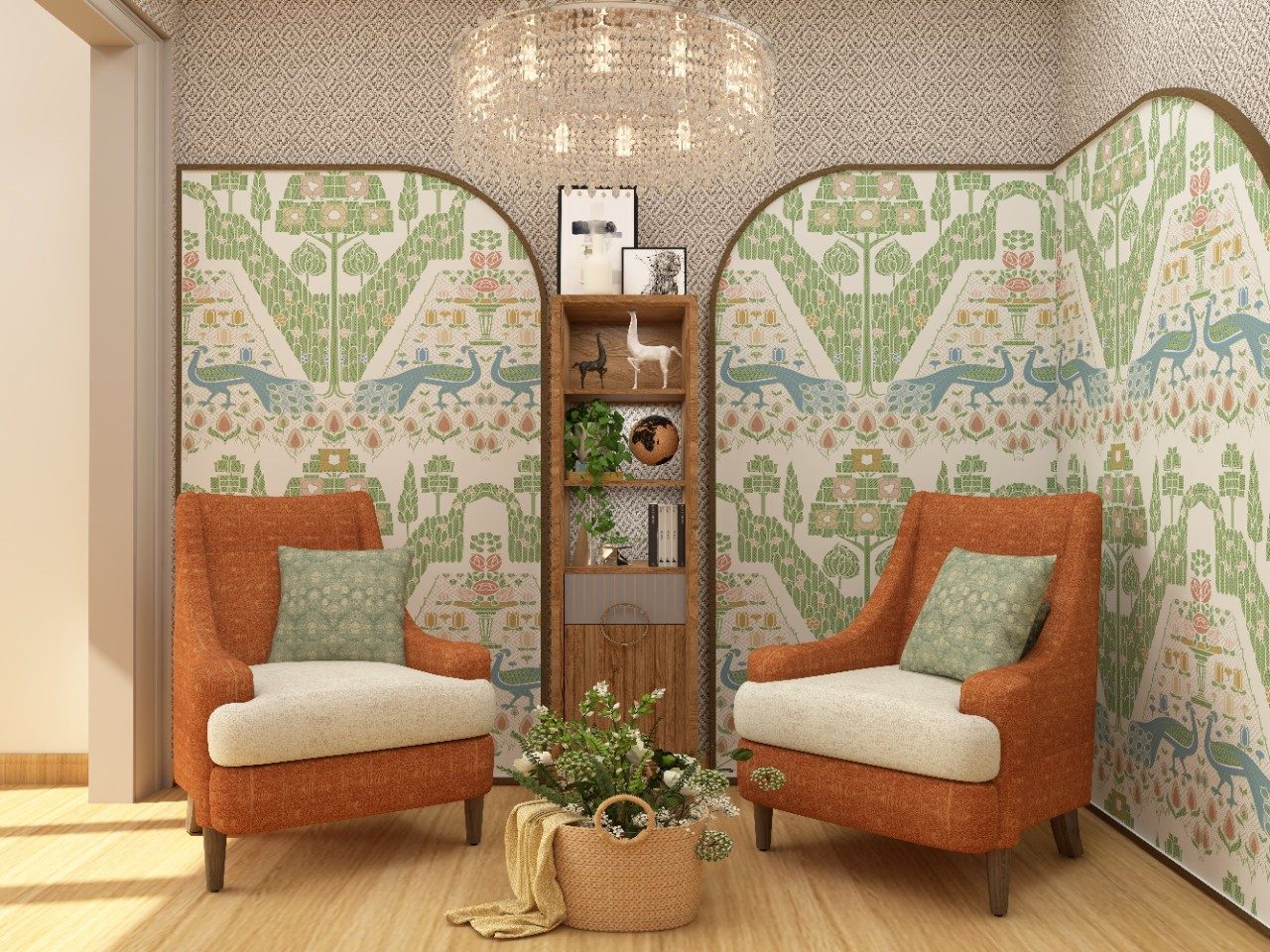 Eclectic foyer design with orange upholstered armchairs and wall panel with colourful wallpaper - Beautiful Homes