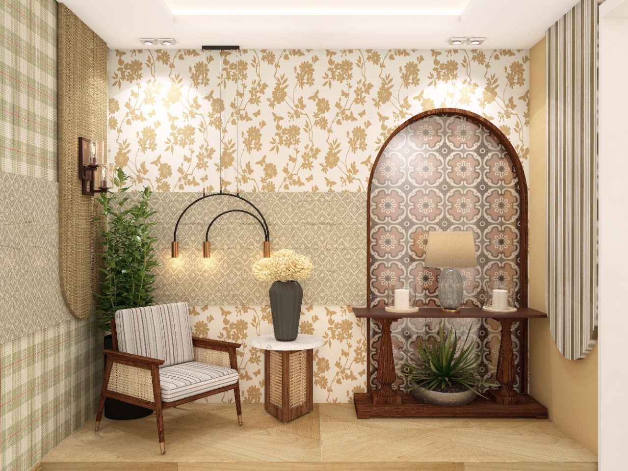 Eclectic foyer with rattan furniture and wooden console - Beautiful Homes