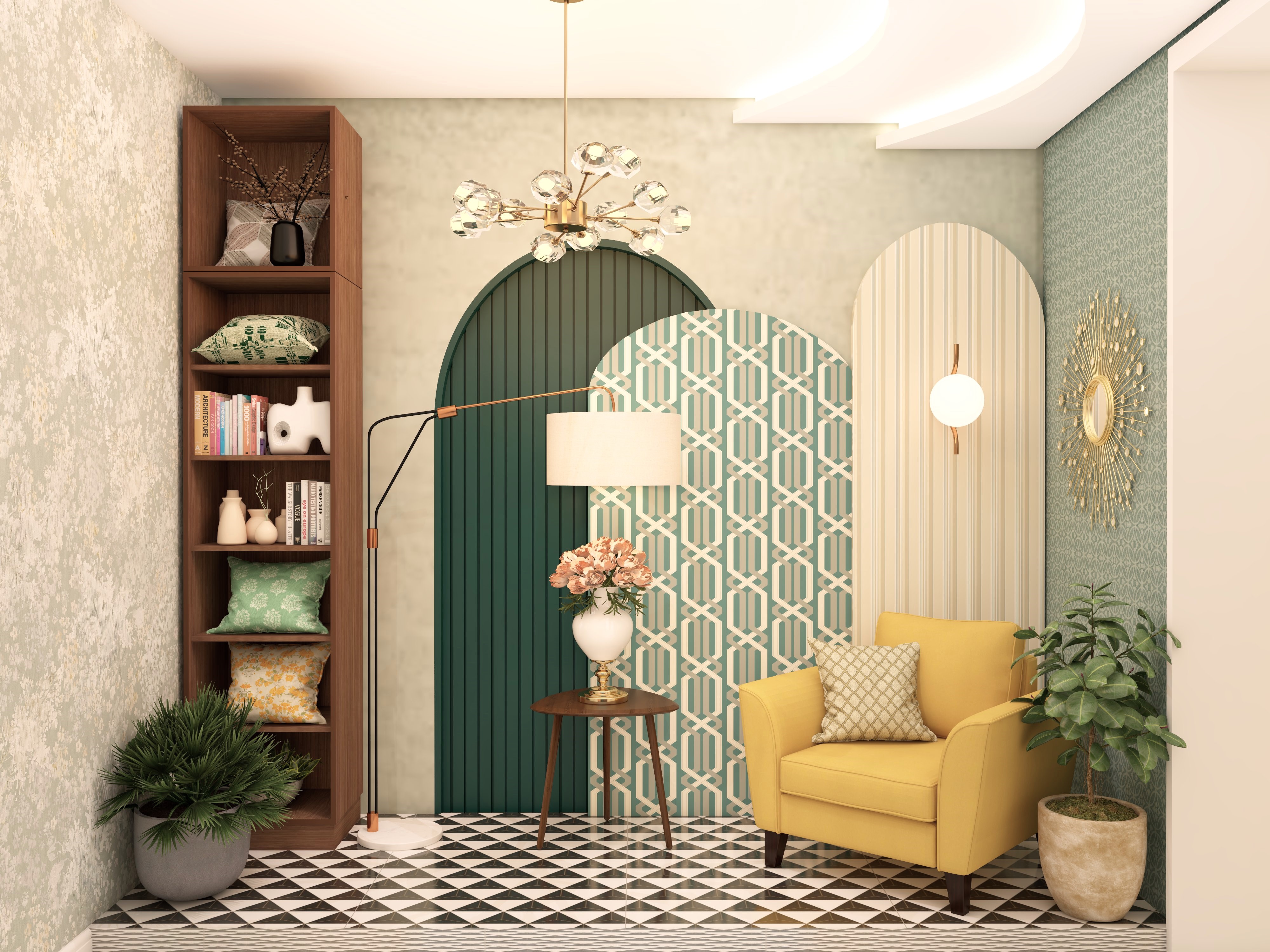 Eclectic hallway with arched wallpaper panels and corner open storage - Beautiful Homes