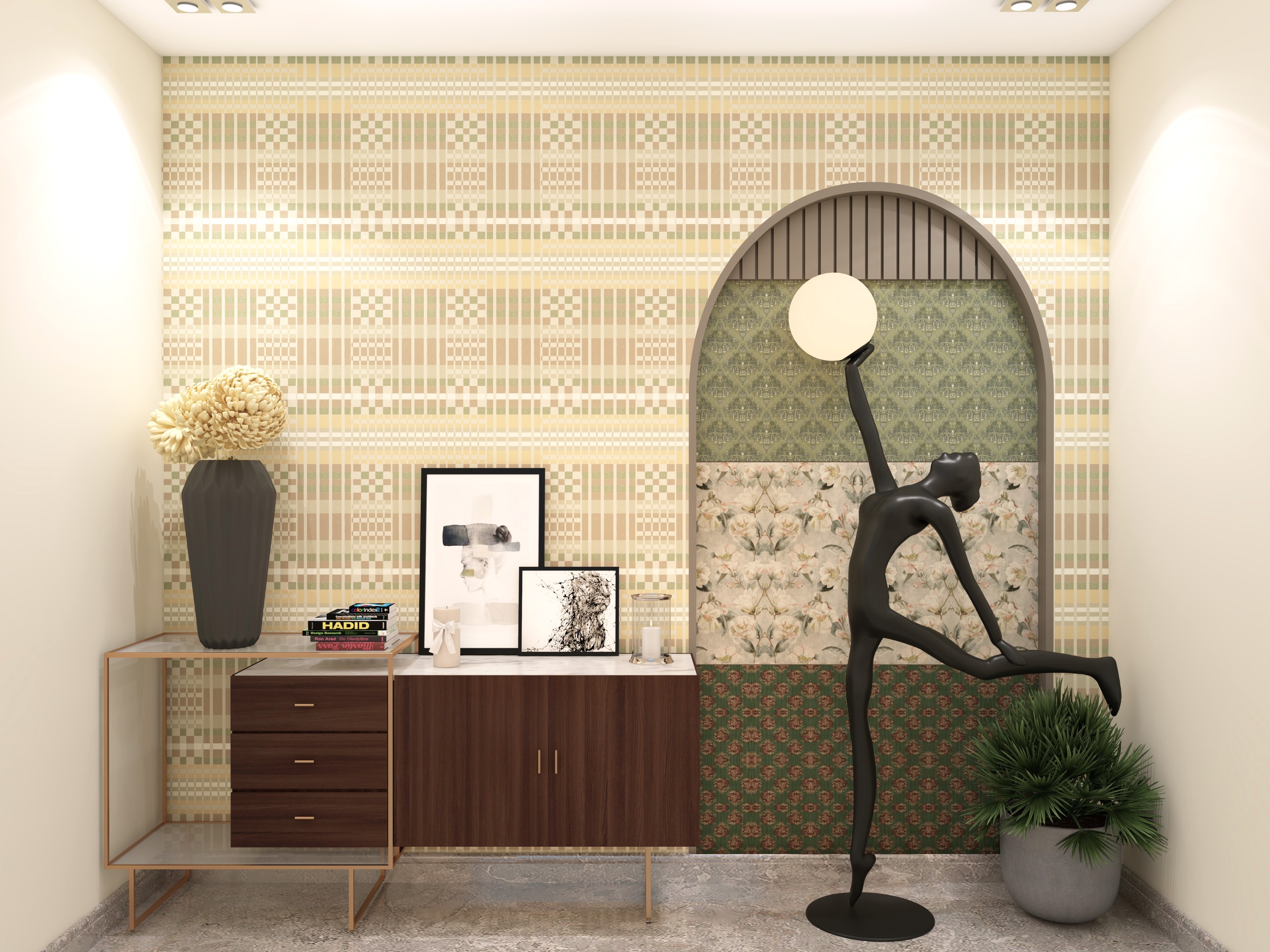 Elegant modern hallway with patterned wallpaper and floor lamp - Beautiful Homes