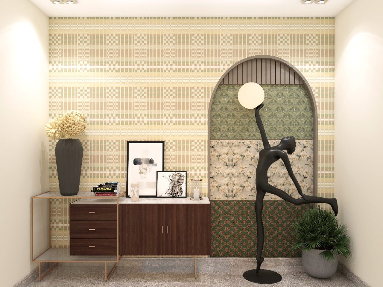 Elegant modern hallway with patterned wallpaper and floor lamp - Beautiful Homes