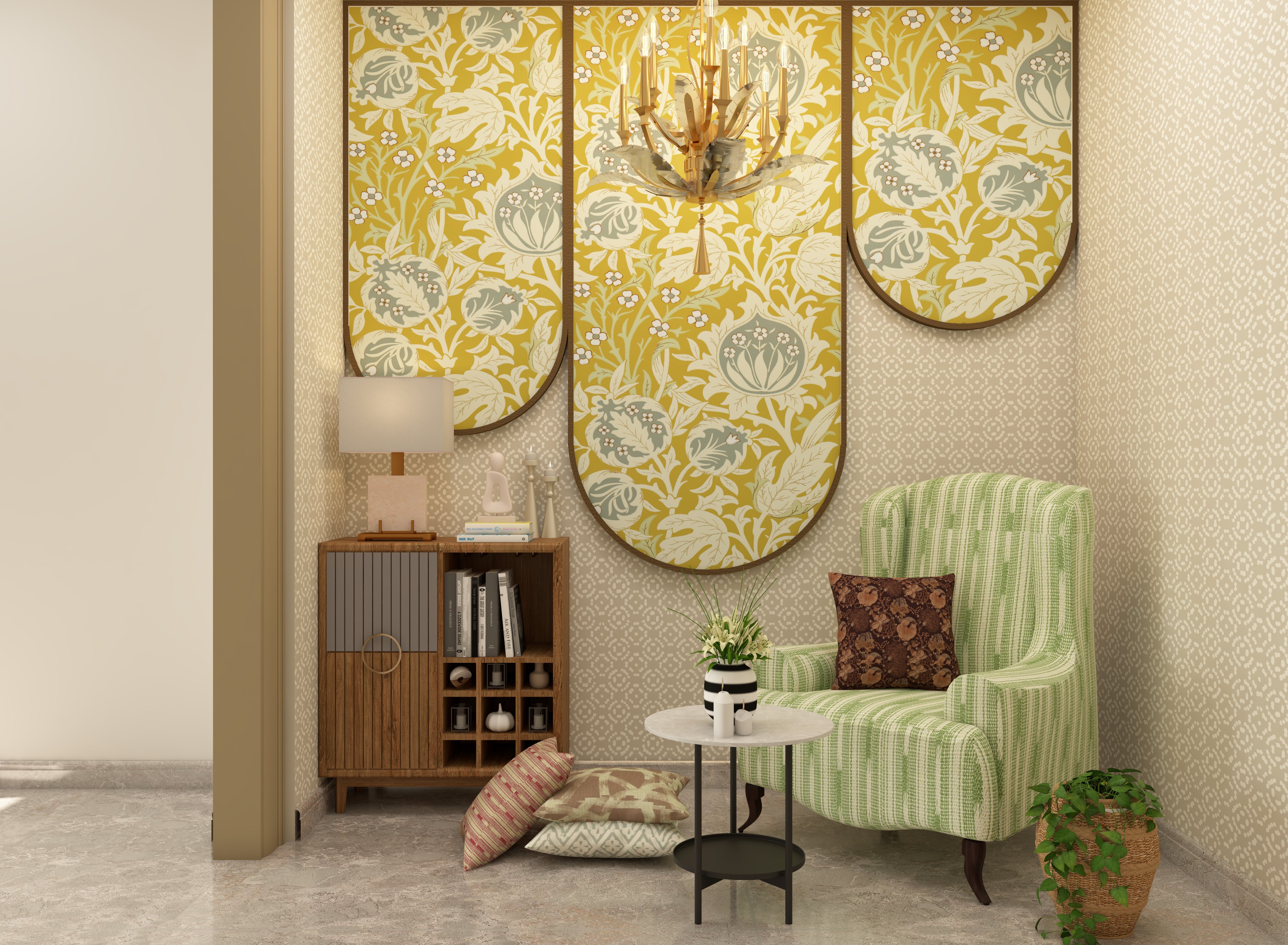 Elegant small foyer with green printed armchair and inverted arch wall panels - Beautiful Homes