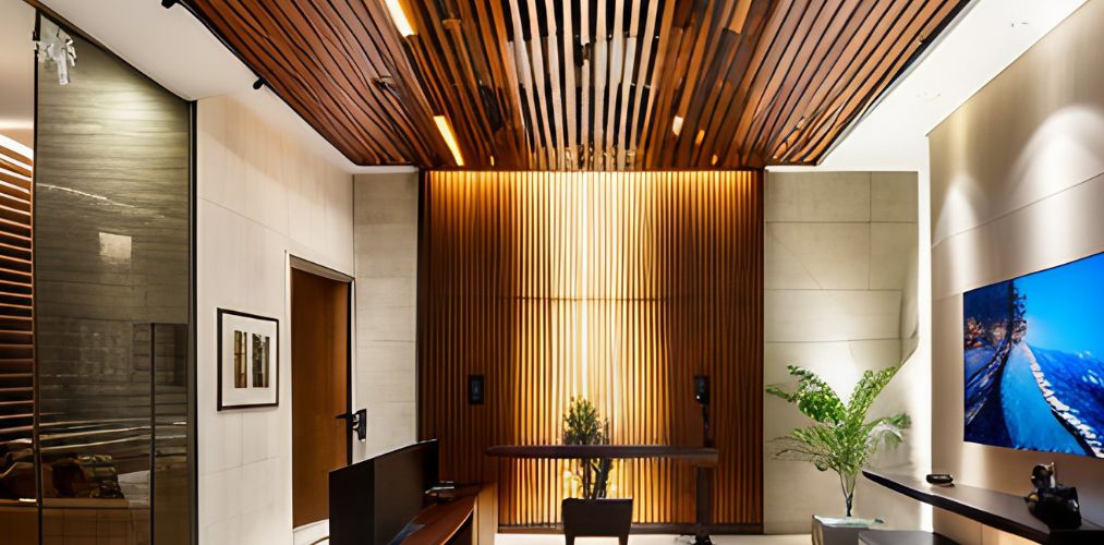 Entrance foyer ceiling design with wooden battens-Beautiful Homes
