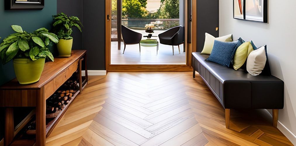 Entrance foyer with wooden flooring and black bench-Beautiful Homes