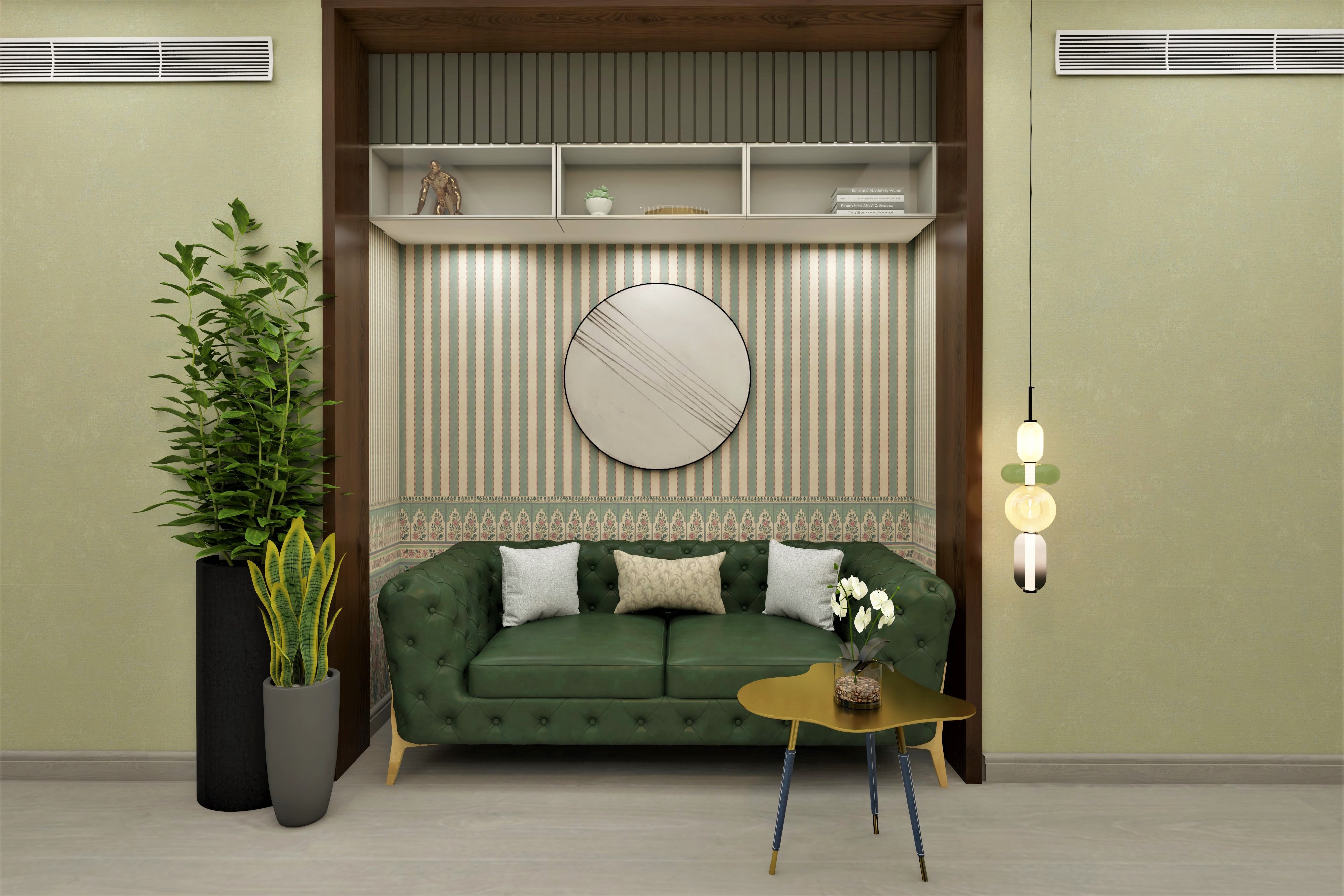 Modern entryway design with green sofa and pendant lights-Beautiful Homes