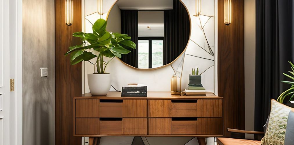 Entryway with wooden console table and plants-Beautiful Homes