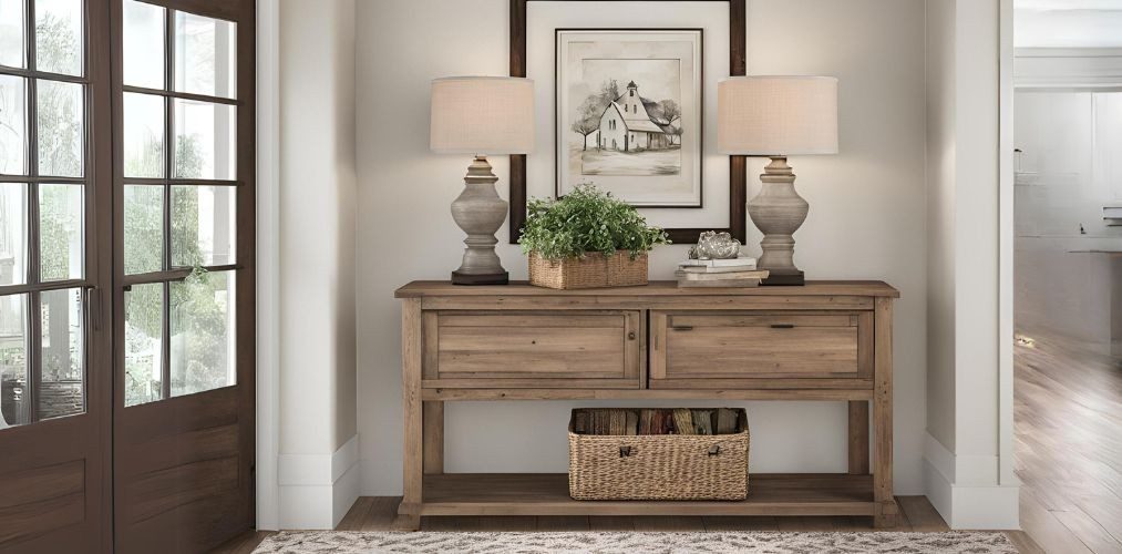 Farmhouse style foyer with wooden console and table lamps - Beautiful Homes