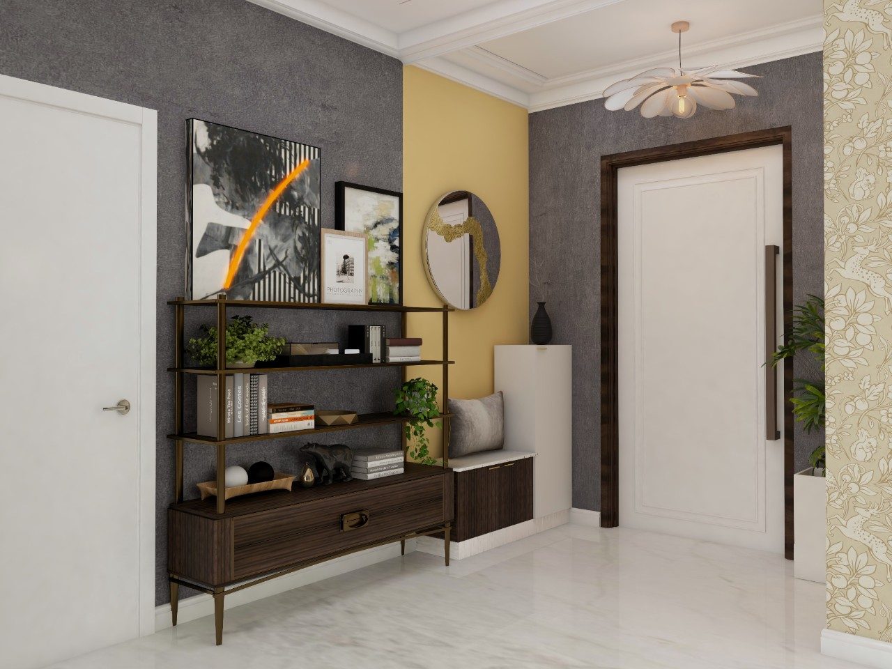 Foyer area with a wooden console with shelves -Beautiful Homes