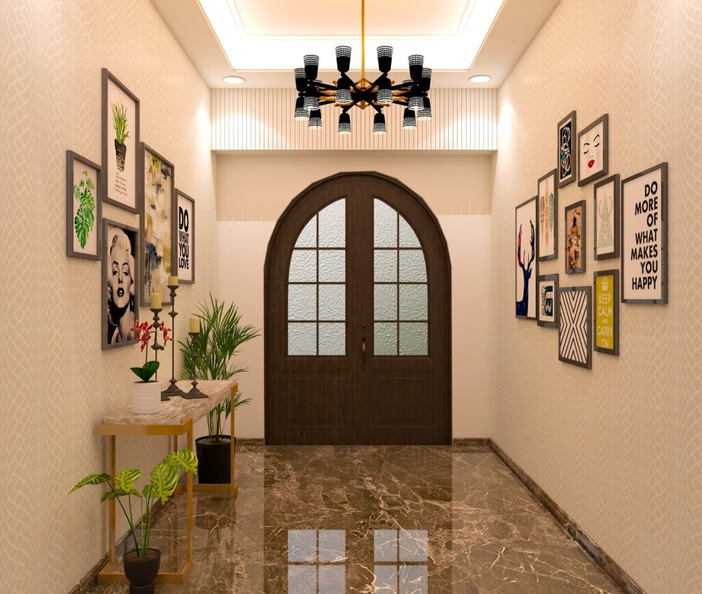 Foyer area with arched wooden door and italian marble flooring-Beautiful Homes