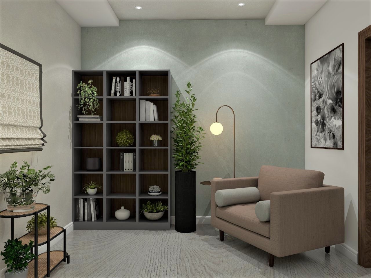 Foyer with a pink sofa and an open bookshelf-Beautiful Homes