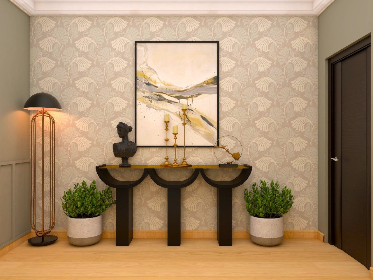 Foyer design with a modern console and wallpaper with grey and white accents-Beautiful Homes