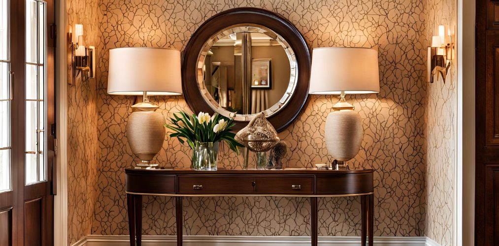 Foyer design with beige wallpaper and table lamps - Beautiful Homes