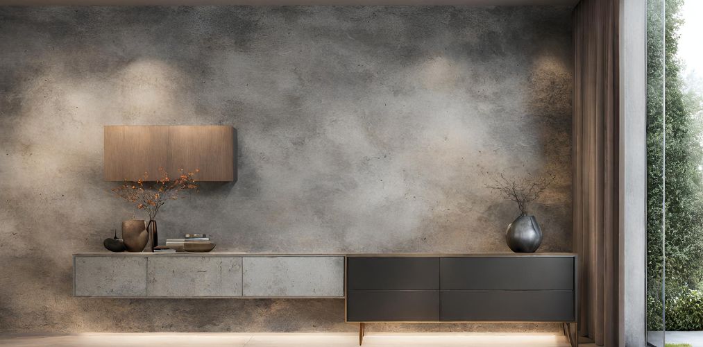 Foyer design with concrete textured wall and storage unit with drawers - Beautiful Homes