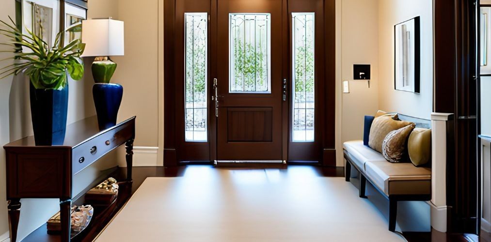 Foyer design with wooden console table and bench-Beautiful Homes