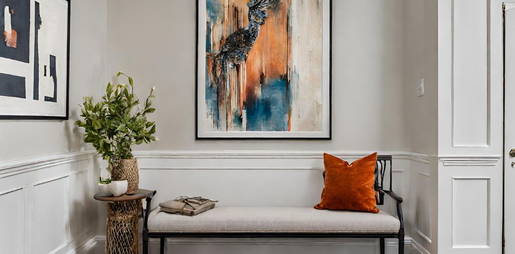 Foyer design with grey upholstered bench and artwork - Beautiful Homes