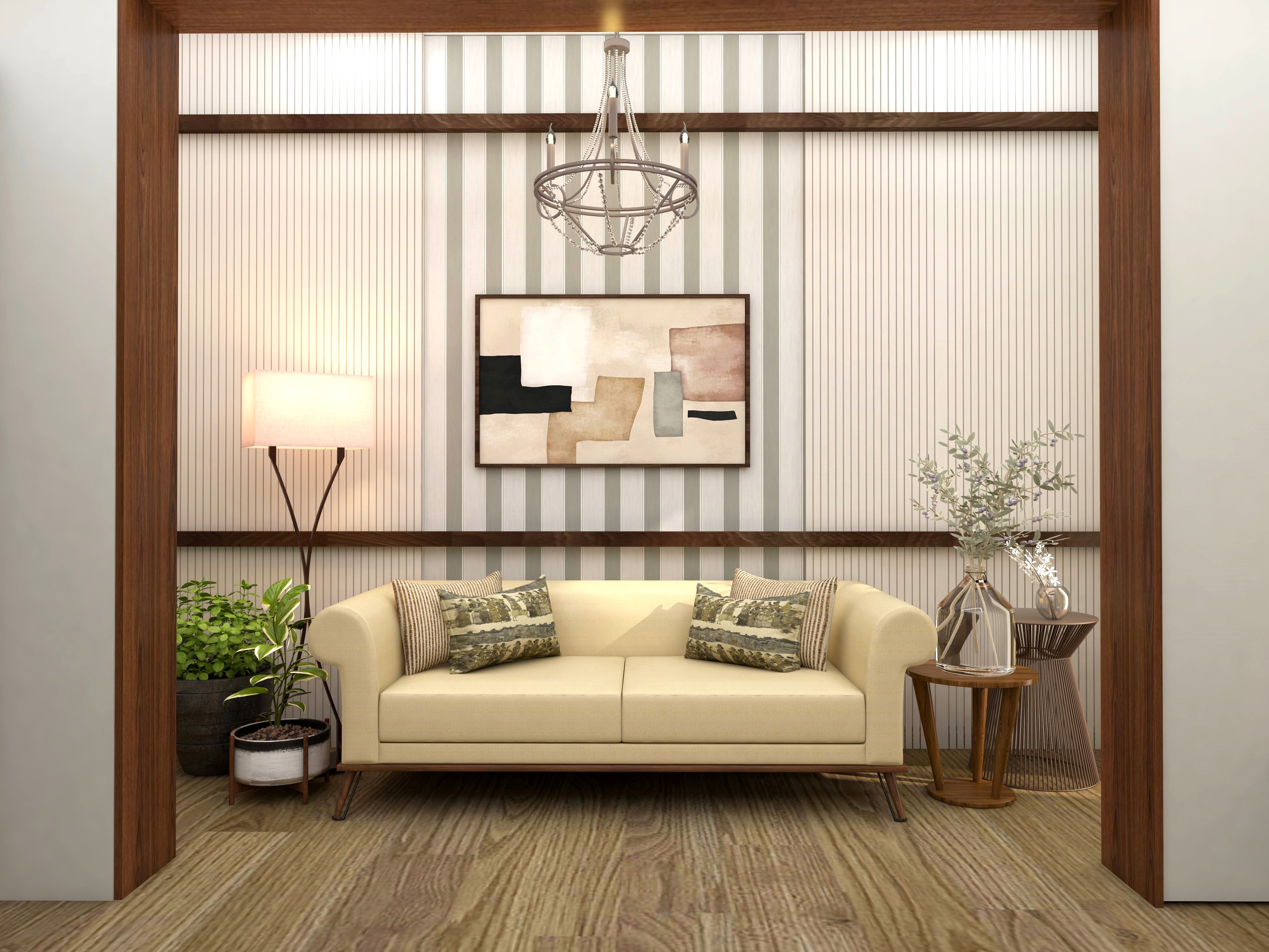 Foyer design with louvered wall paneling and cream sofa-Beautiful Homes