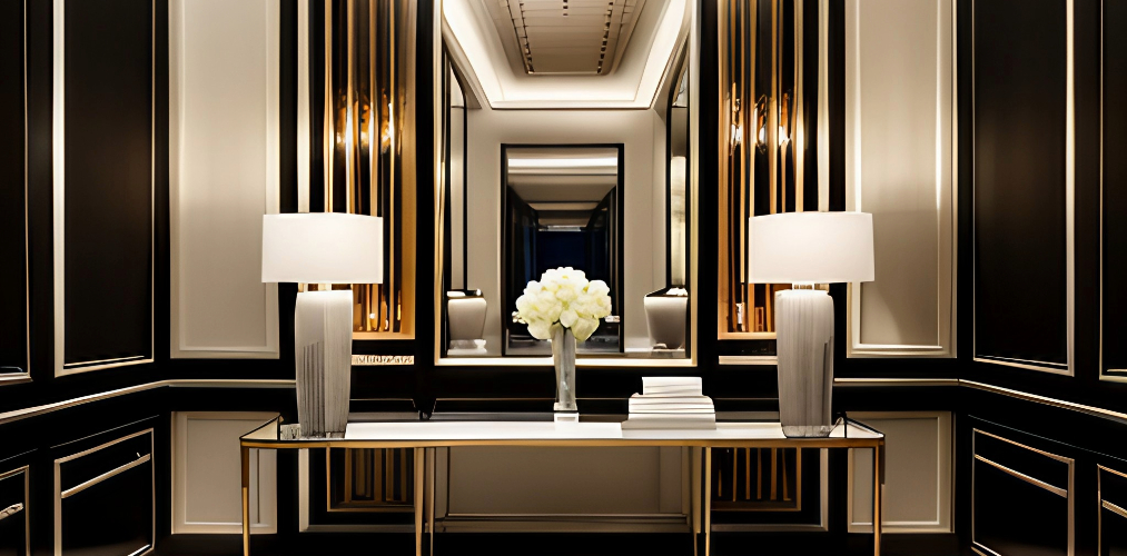 Foyer design with mirror paneling and black walls-Beautiful Homes