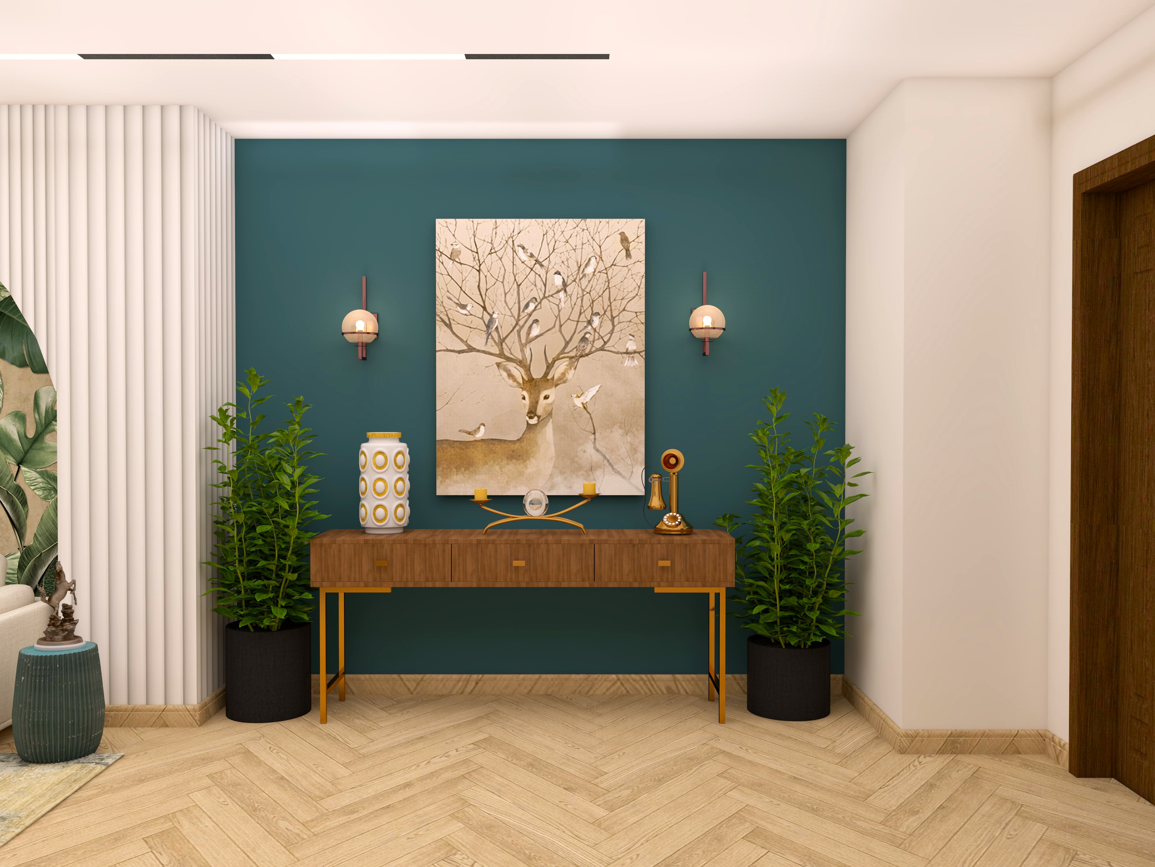 Foyer design with teal paint and a wooden console unit with golden legs-Beautiful Homes