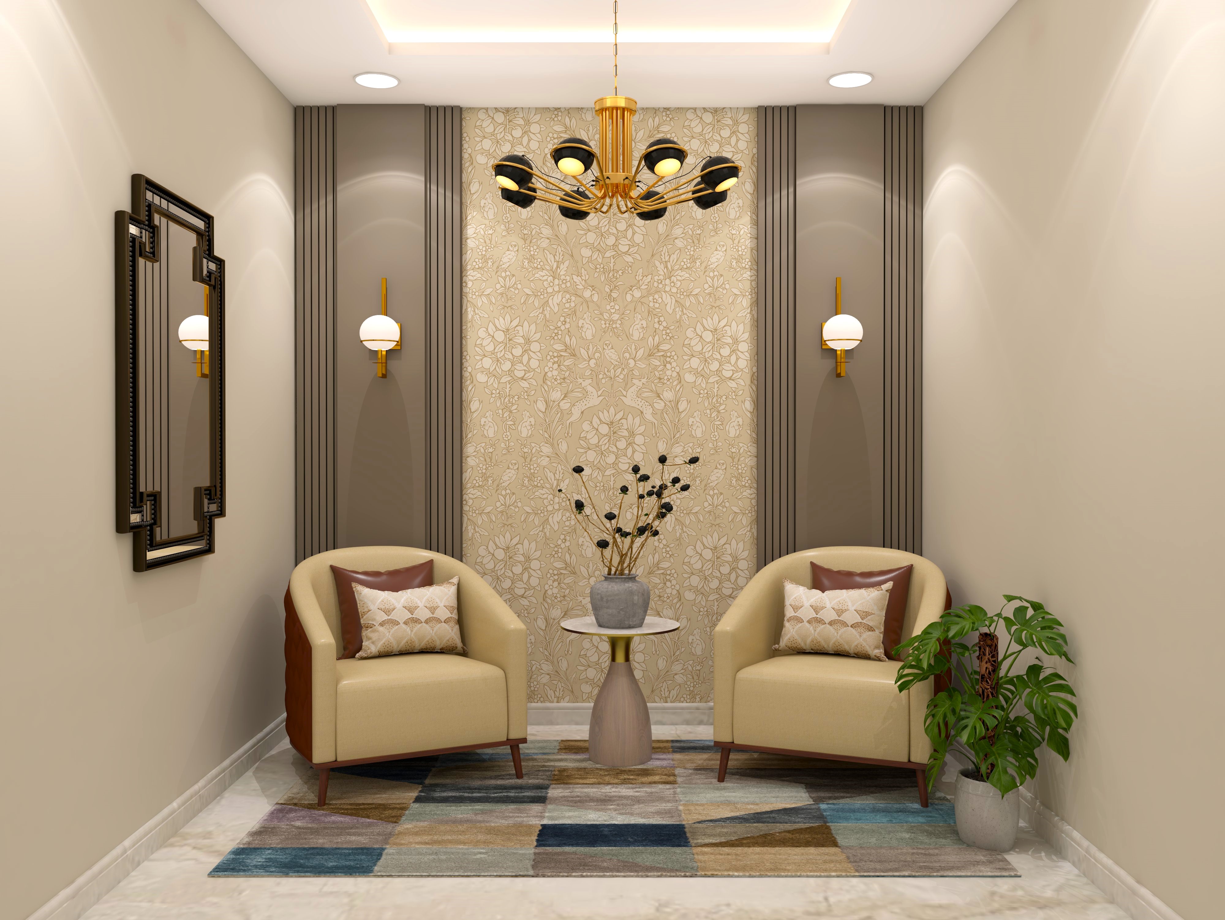 Foyer design with two cream armchairs and colorful carpet-Beautiful Homes