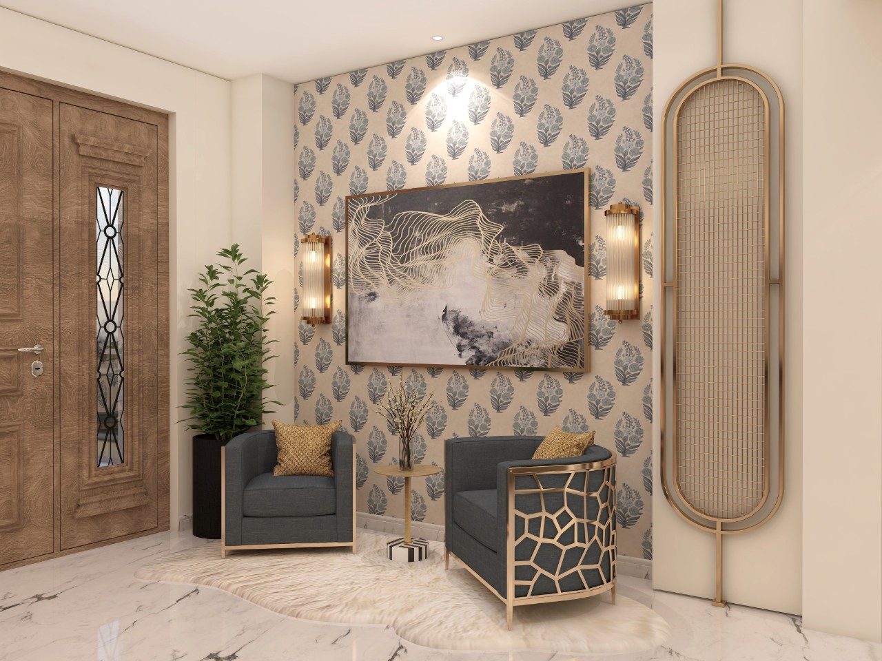 Foyer design with upholstered accent chairs with gold frame and Sabyasachi wallpaper - Beautiful Homes