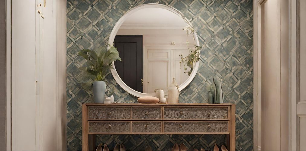 Foyer design with wallpaper and traditional console - Beautiful Homes