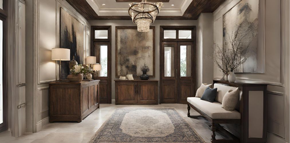 Foyer design with wooden console and bench - Beautiful Homes