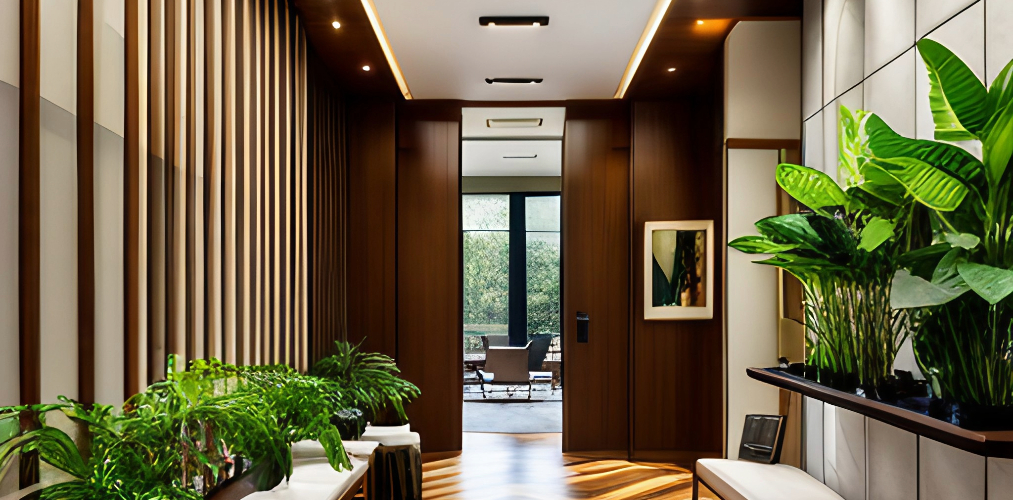 Foyer interior design with wall paneling and plants-Beautiful Homes