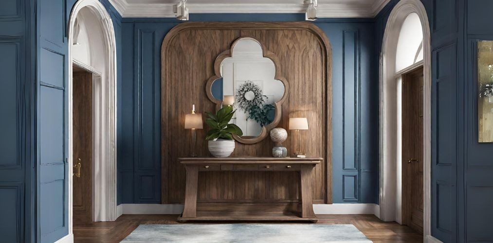 Foyer interior design with wooden arched panel on blue walls - Beautiful Home