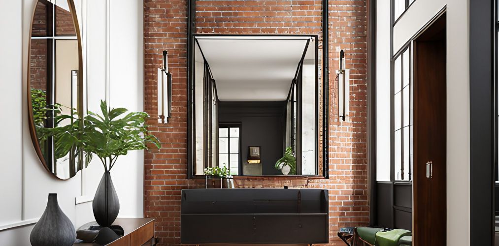 Exposed brick wall with mirror in foyer-Beautiful Homes