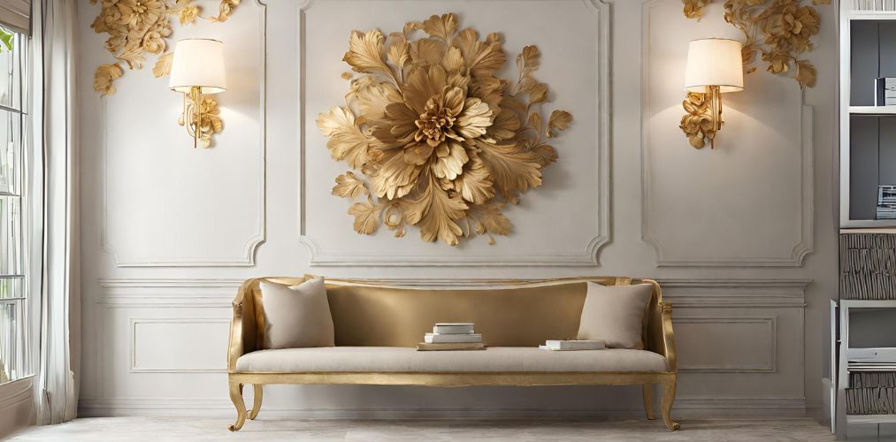 Foyer wall with gold floral motif design - Beautiful Homes