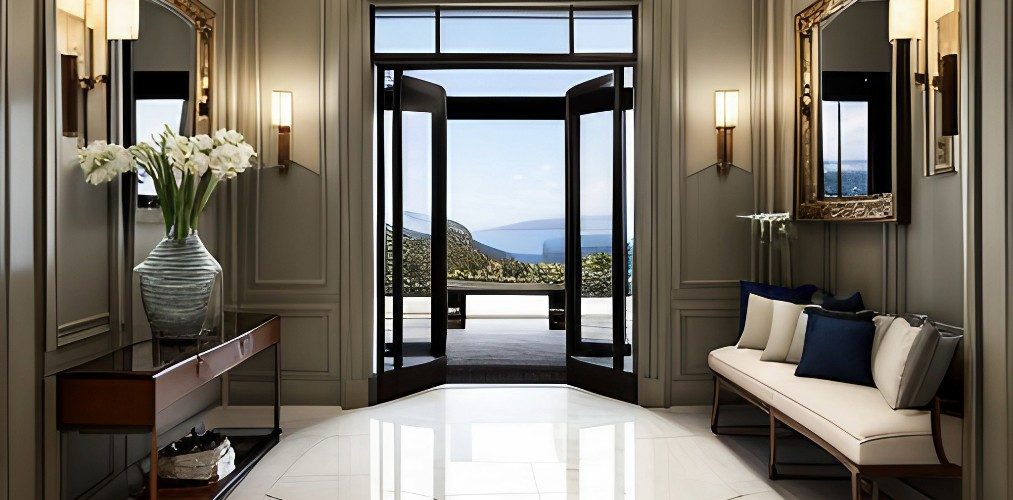 Foyer with marble flooring and wall mouldings-Beautiful Homes