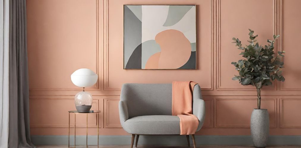 Foyer with peach walls and grey armchair - Beautiful Homes