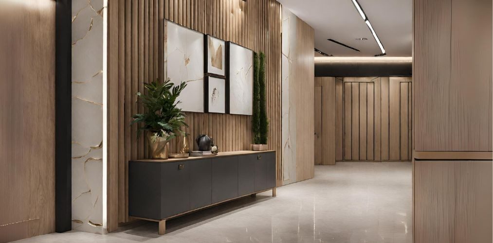 Foyer with wall paneling and storage unit - Beautiful Homes