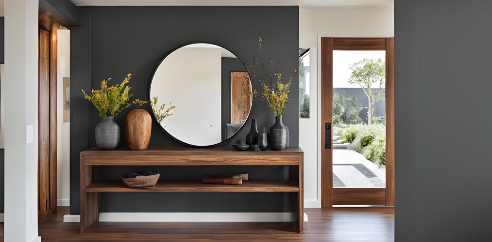 Grey and Acacia wood foyer design with round mirror - Beautiful Homes