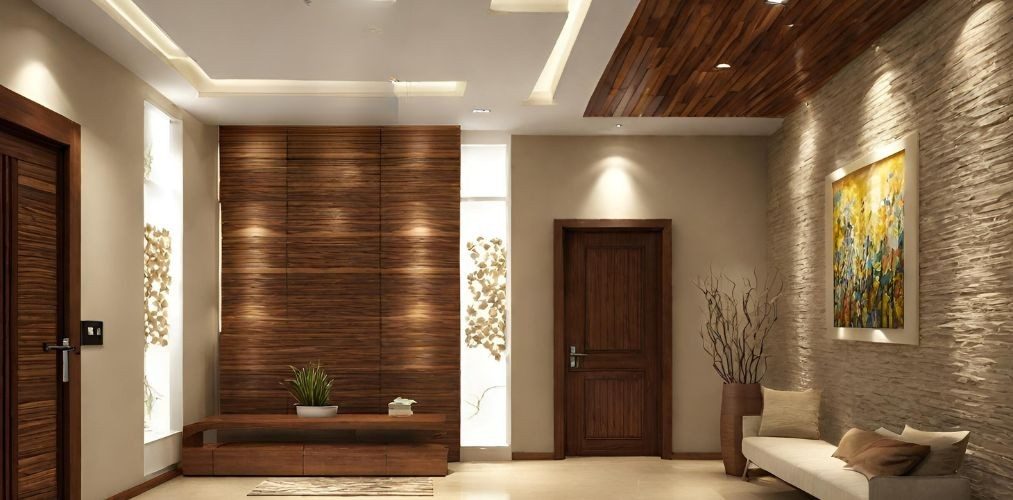 Large foyer design with textured wall and wooden false ceiling - Beautiful Homes