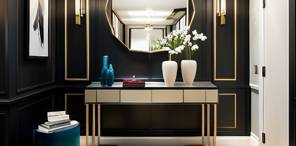 Luxury entryway design with gold console table and wall lights-Beautiful Homes