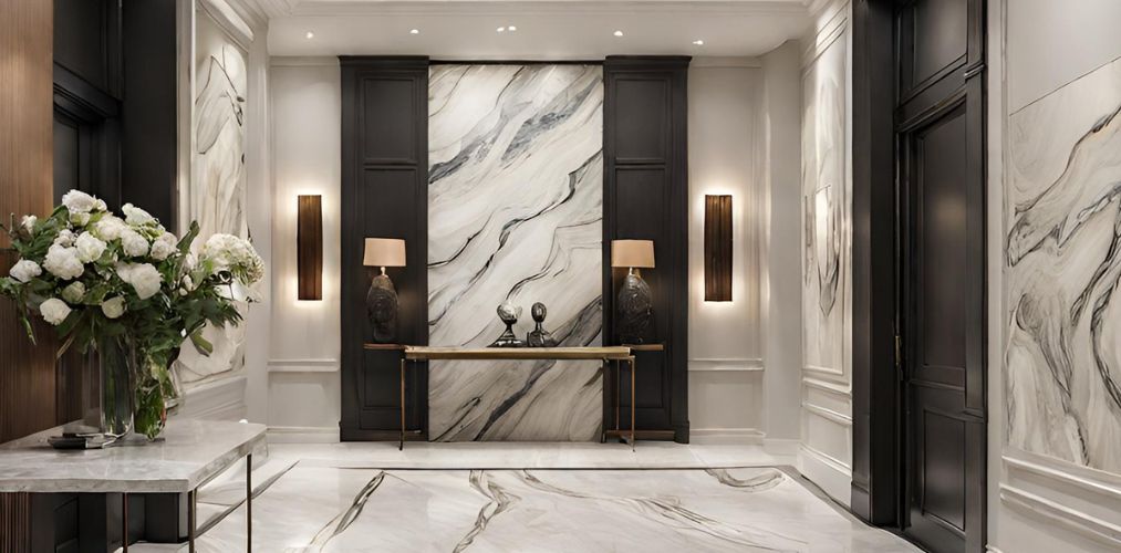 Luxury foyer with marble accent wall and black wall trims-Beautiful Homes