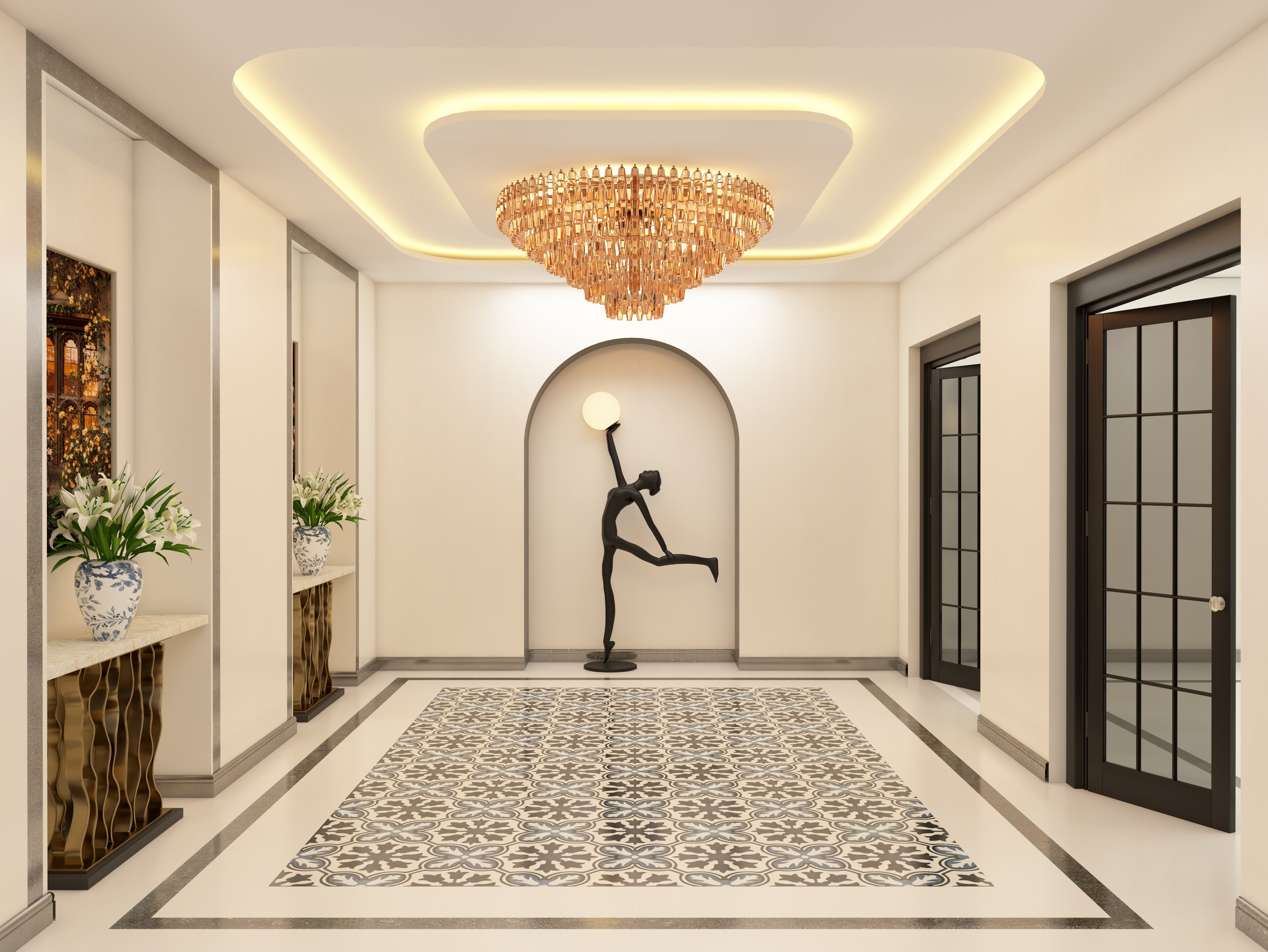 Luxury white foyer with arched wall niche and patterned central floor tiles - Beautiful Homes