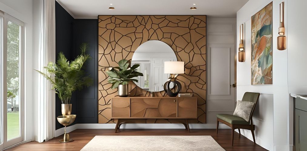 Mid-century foyer design with brown 3D panels and console - Beautiful Homes