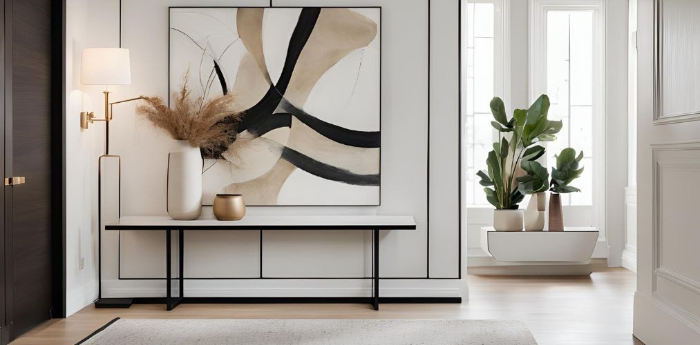 Minimalistic foyer design with console table and abstract wall art - Beautiful Homes