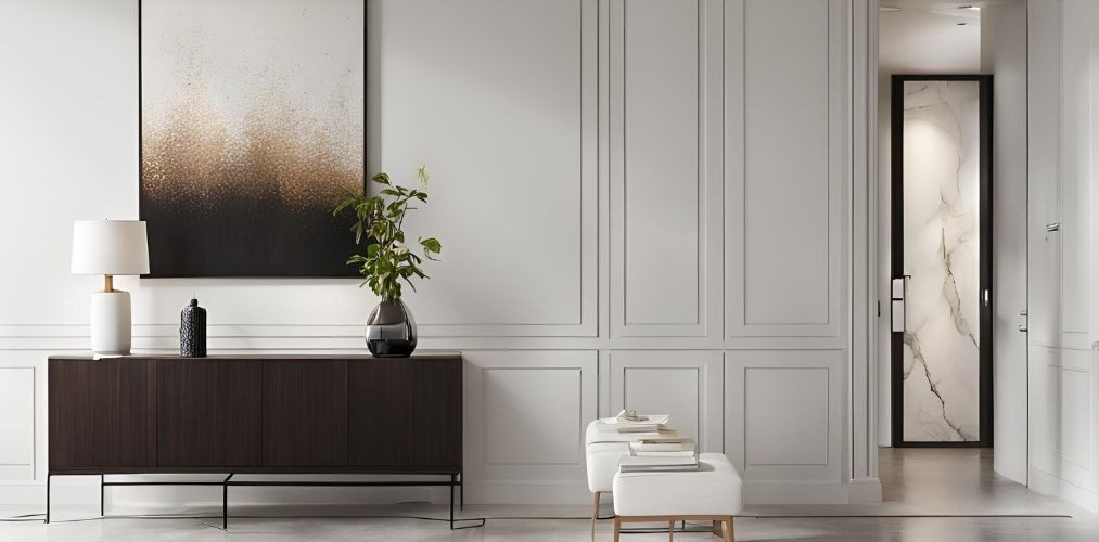 Minimalistic foyer design with dark wooden console and wall paneling - Beautiful Homes