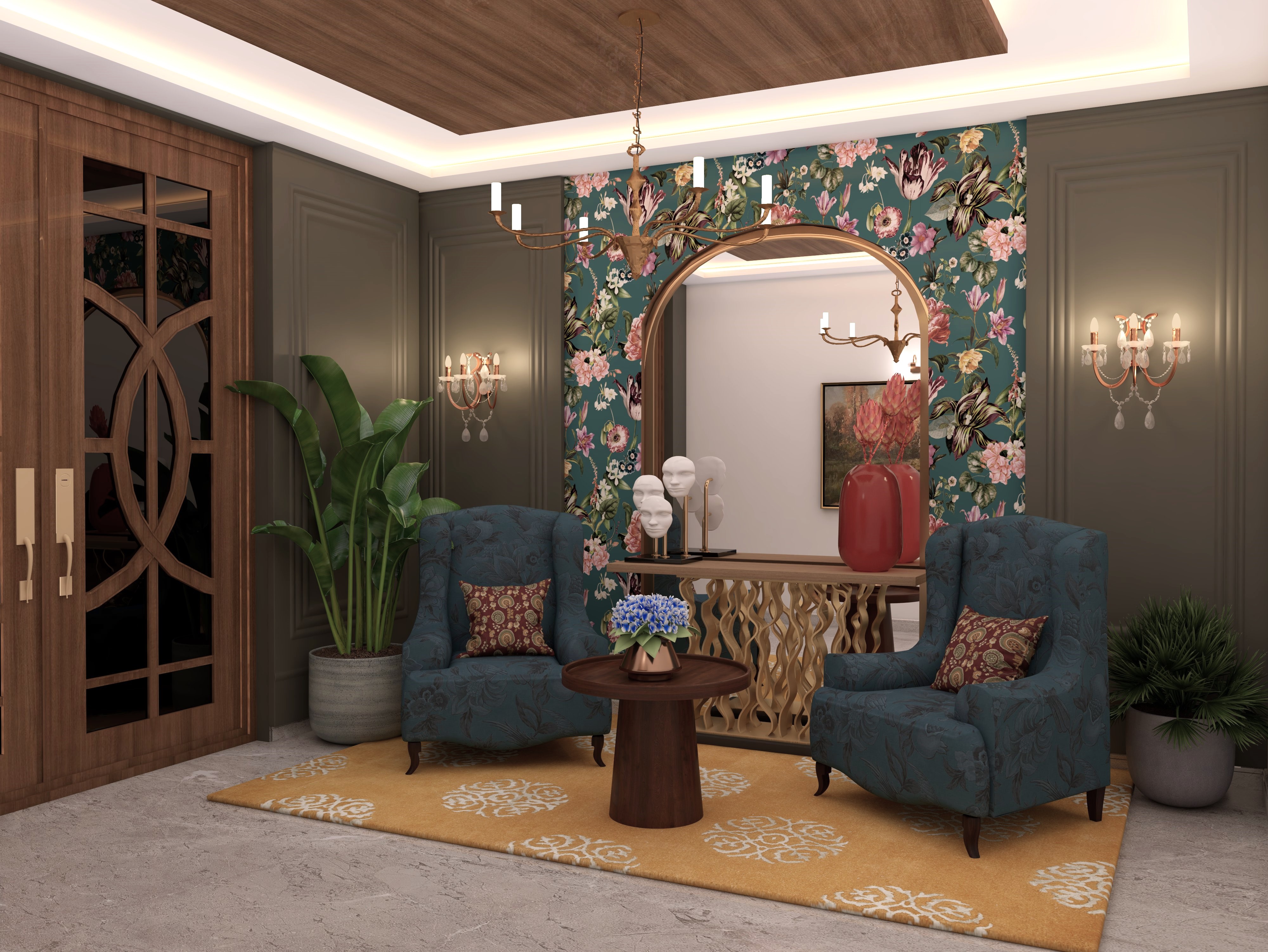 Modern classical foyer with Nilaya teal wallpaper and Royale teal armchairs - Beautiful Homes